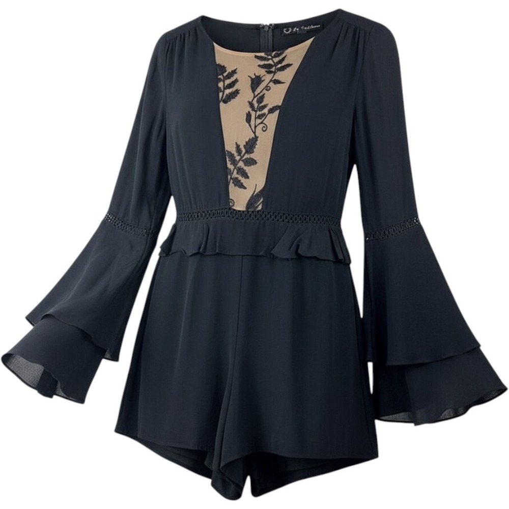 For Love and Lemons Black Emelia Romper Lace Size Medium Long Bell Sleeve